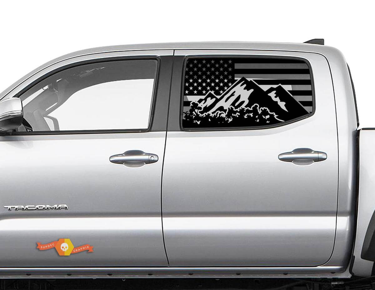 USA Flag Mountain Forest Side Window Decal for Toyota Tacoma 4Runner Tundra, Jeep JL JK

