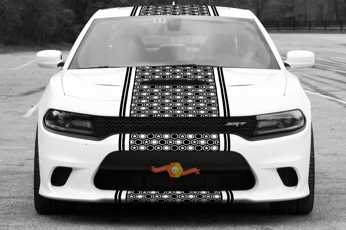 2015 & Up Dodge Charger Challenger SRT / HELLCAT Style Solid Border Strip Honeycomb Rally Stripe Sticker Decal Kit