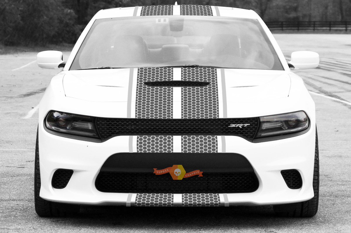 2015 & Up Dodge Challenger SRT / HELLCAT Style Double Strip with Border Honeycomb Rally Stripe Sticker Decal Kit