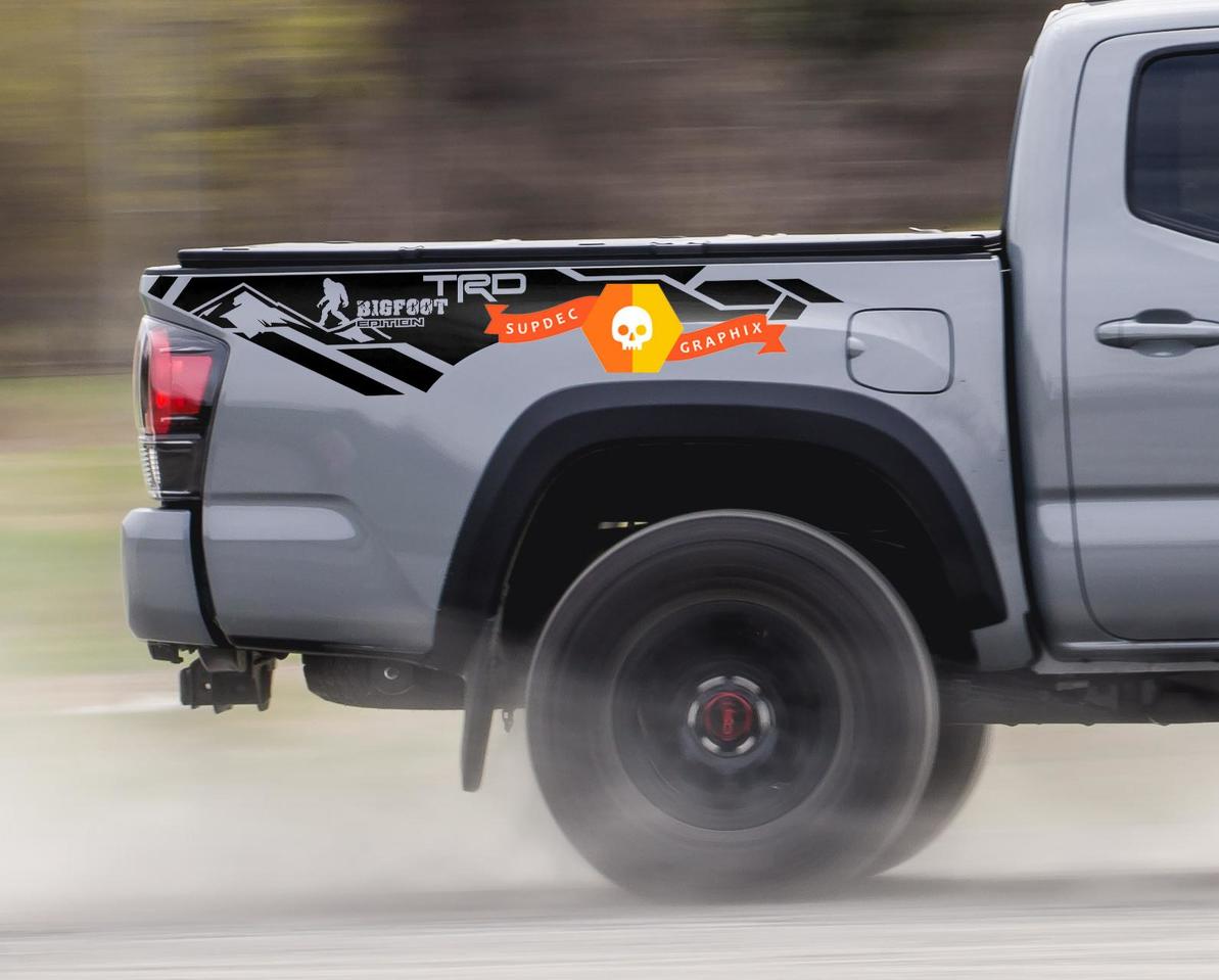 Pair of TRD Bigfoot Edition with Mountains bed side Vinyl Decals graphics sticker kit for Toyota Tacoma all years