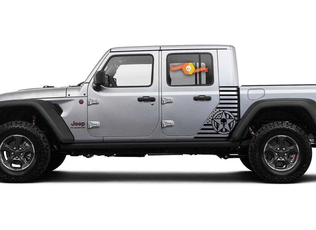 Jeep Gladiator Side Flag USA Punisher MilitarySrar decal Vinyl Sticker Factory Style Body Vinyl Graphic Stripes Kit 2018-2021