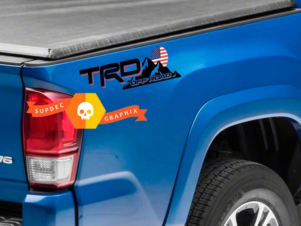 Pair of TRD Off Road Mountains USA Flag Sunset Style Bed Side Vinyl Stickers Decal Toyota Tacoma Tundra FJ Cruiser