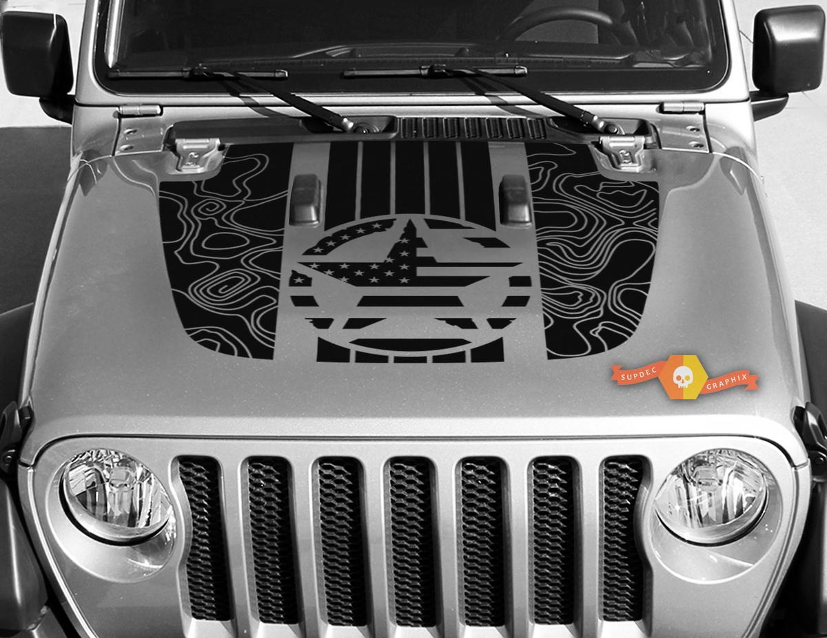 Jeep Gladiator JT Wrangler Military Star Flag USA Topographic Map JL JLU Hood style Vinyl decal sticker Graphics kit for 2018-2021