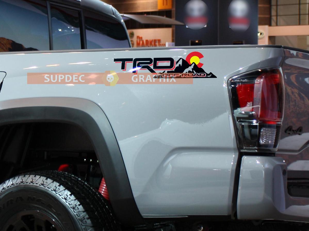 Pair of TRD Off Road Mountains with Colorado State Flag SunSet Shadows Sun Sunset for Toyota Tacoma Tundra FJ Cruiser
