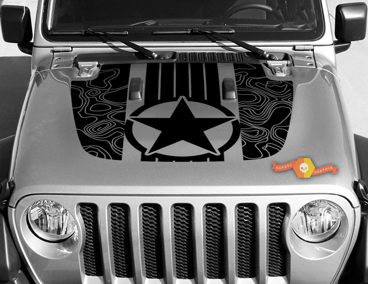 Jeep Gladiator JT Wrangler Military Star stripes Topographic Map JL JLU Hood style Vinyl decal sticker Graphics kit for 2018-2021