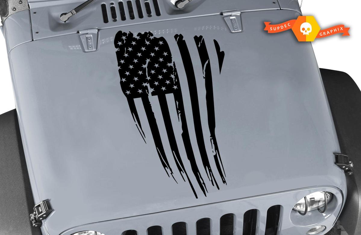 Jeep Hood American Flag Blackout Hood Vinyl Decal Distressed American Flag Any Colors Sticker JK LJ TJ 2007-2018