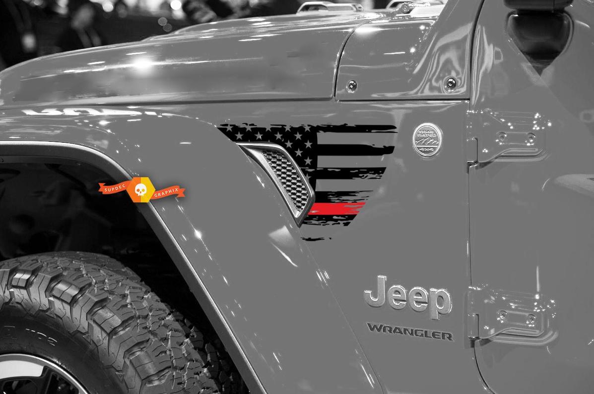 Jeep Wrangler JL JLU Gladiator Thin Red Line Distressed American Flag Fender Vent Vinyl Sticker Decal for 2018-2021
