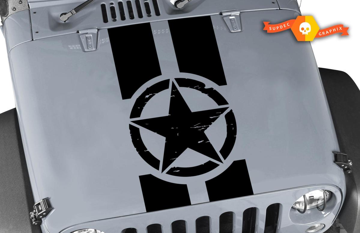 Distressed Oscar Mike Military Star Jeep Black Out Hood Vinyl Sticker Decal Set