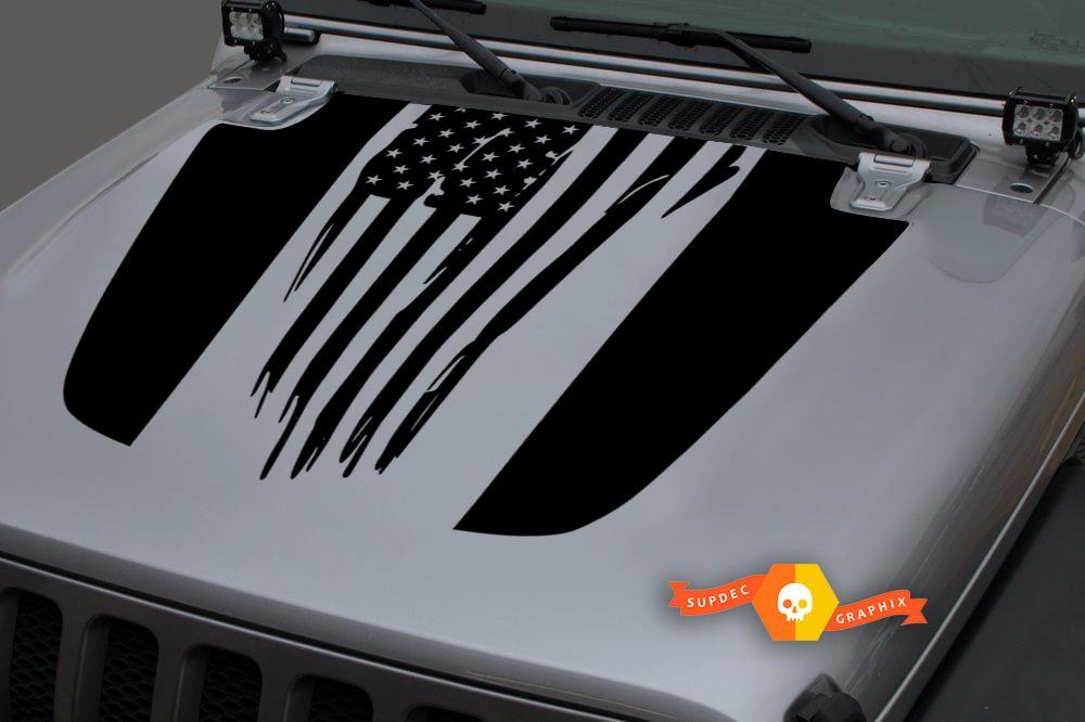 Jeep 2018 - 2021 Gladiator Wrangler JL JLU JT Hood Destroyed Shabby US USA Flag Vinyl Decal Sticker Graphic
