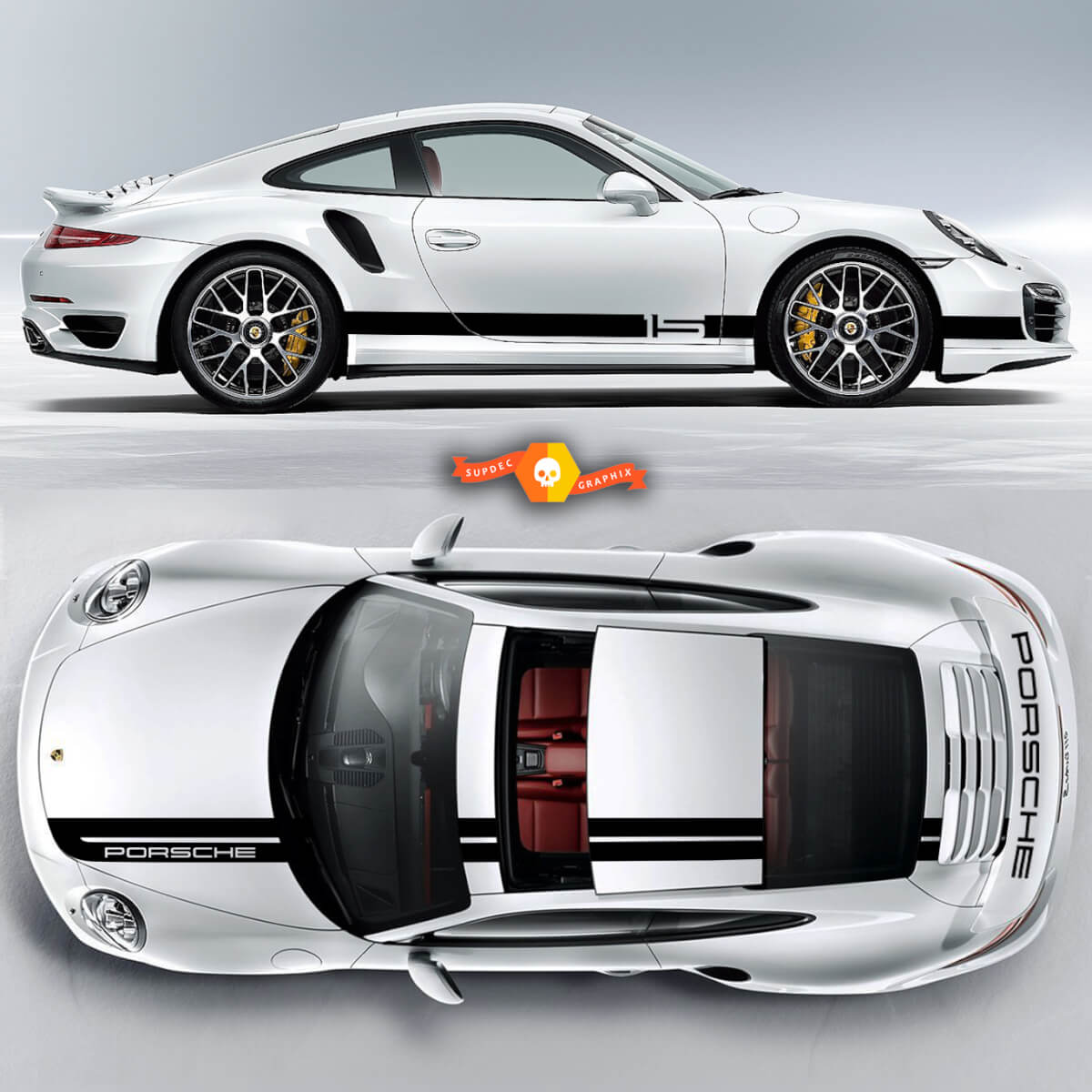 One Color Sport Cup Edition Graphic Stickers Decals Kits Racing Stripe Over The Top Roof Porsche and Racing Stripes For Carrera Or Any Porsche