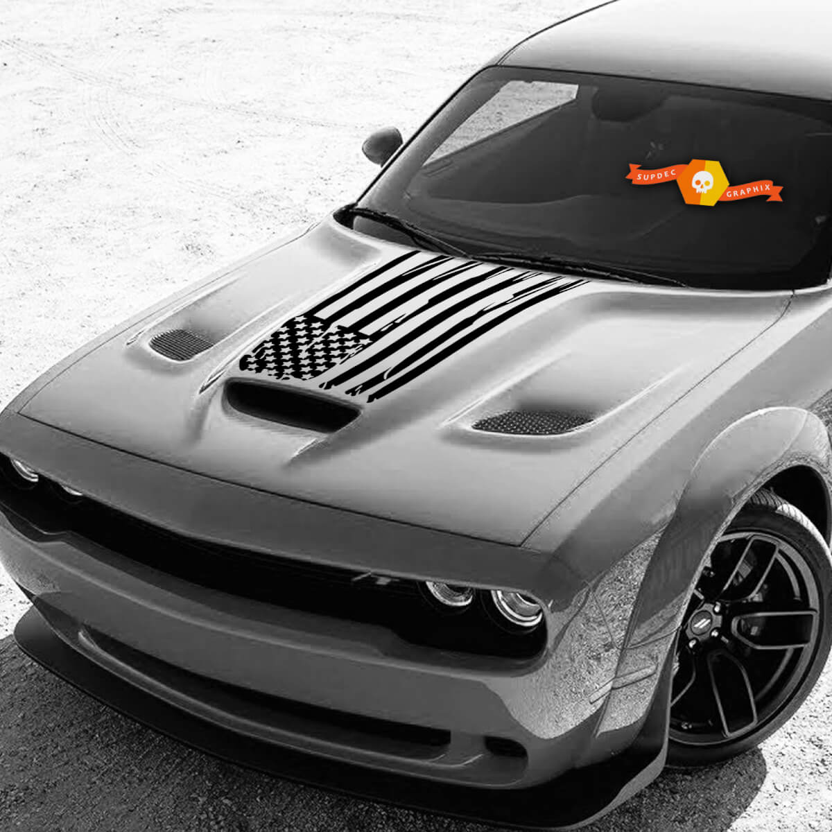 American Flag Distressed Fits Challenger Bulge Hood Sticker Decal 2015 - 2019 Wide Body 392 GT Car Design Vehicle Vinyl Graphic