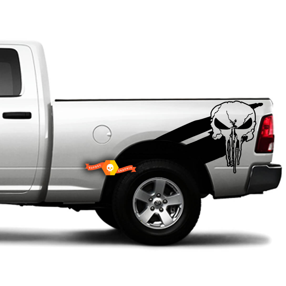 2 Rebel Side Punisher Skull Hash Marks Grunge Design Car Bed Pickup Vehicle Truck Vinyl Graphic Sticker Decal Tailgate