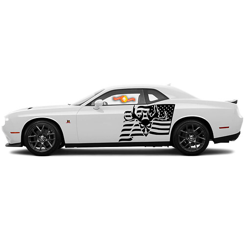 2 Side Dodge Challenger USA Flag Ram Skull Door Side Vinyl Decals Graphics Sticker