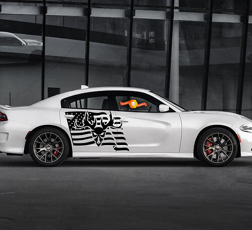 2 Side Dodge Charger USA Flag Ram Skull Door Side Vinyl Decals Graphics Sticker