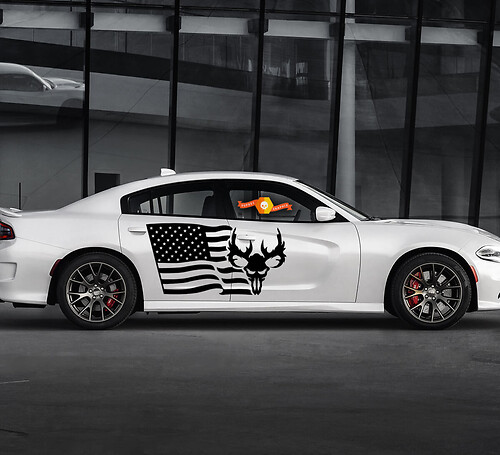 2 Side Dodge Charger USA Flag Skull Door Side Vinyl Decals Graphics Sticker