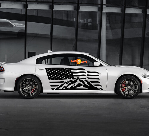 2 Side Dodge Charger USA Flag Mountains Door Side Vinyl Decals Graphics Sticker