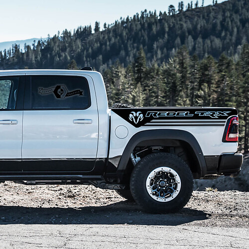 Pair Dodge Ram Rebel 2021+  bed side stripe Grunge Ram Head Logo Truck Vinyl Sticker Decal bed Graphic
