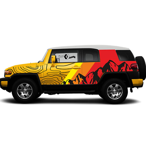New Pair Toyota FJ Cruiser Side Doors Vintage Sunset Colors Style Big Mountains Contour Map Stripe Sticker Decal Truck Wrap 