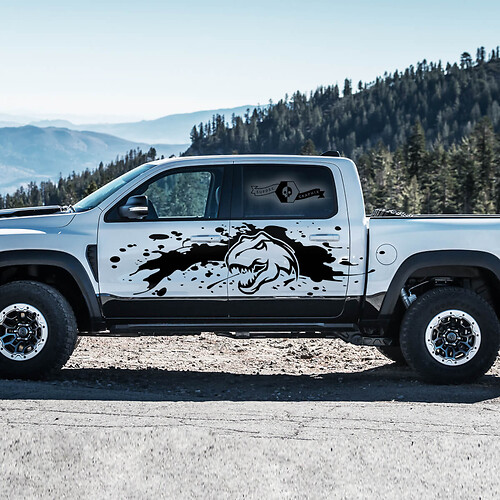 Pair Dodge Ram Rebel 2022+  2023+ 1500 TRX Bed Splash Mud Dinosaurs T-Rex Side Doors TRX Truck Vinyl Sticker Decal Graphic