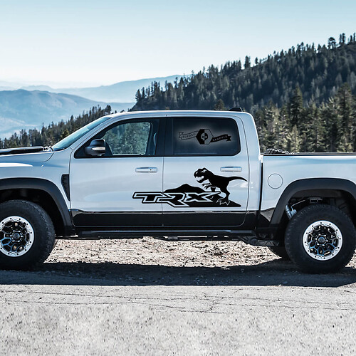 2x TRX Dinosaurs T-Rex Mountains Side Doors Truck Graphics Vinyl Decal Sticker for Dodge Ram Rebel 1500