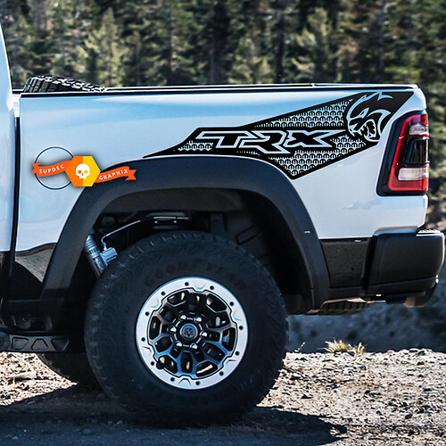 Pair Dodge Ram TRX Hellcat Нoneycombs 2021+ Splash Grunge Ram Head Logo Truck Vinyl Sticker Decal bed Graphic