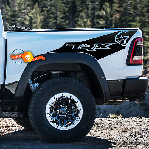 Pair Dodge Ram TRX Hellcat 2021+ Splash Grunge Ram Head Logo Truck Vinyl Sticker Decal bed Graphic
