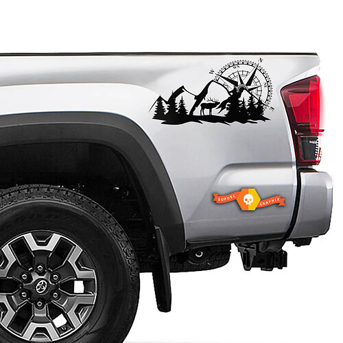 Pair of Wild Compass Mountains Forest Bed Side Vinyl Stickers Decal Kit for any Toyota Truck 