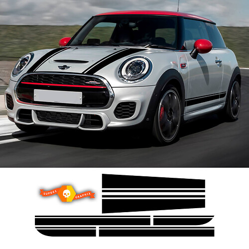 Kits of Mini Cooper Hood Cooper Works style hood Doors Rocker Panel Racing Stripes Decals Stickers 