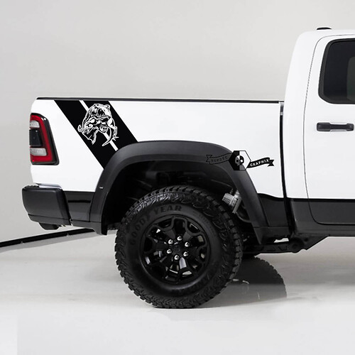 2x Dodge Ram 1500 TRX Rebel 2022 2023 Hash Stripes T-Rex Eating Raptor Bed Side Truck Vinyl Sticker Decal Graphic