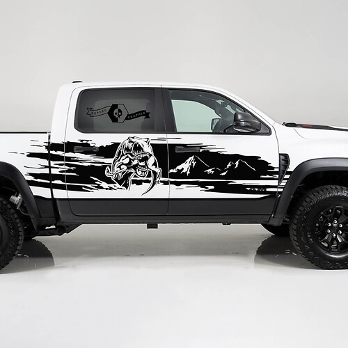 2x Dodge Ram TRX Rebel 2022 2023 1500 Side Splash Destroyed TRX Eating Raptor Mountains Truck Vinyl Sticker Decal Graphic