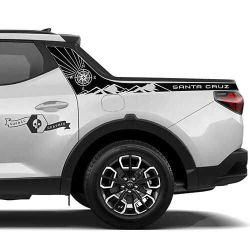Pair Rally Side Bed Compass Mountains Vinyl Stickers Decal Graphic fit to Hyundai Santa Cruz