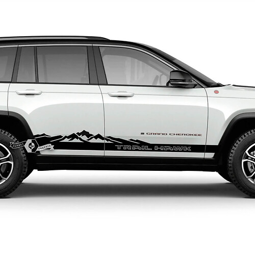 Pair Jeep Grand Cherokee SRT TrackHawk or Trailhawk Side Rocker Panel Mountain Topographic Map Logo Vinyl Sticker Decal Graphic