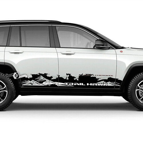 Pair 2023+ Jeep Grand Cherokee Trailhawk Doors Mountains Mud Rocker Panel Graphic Sticker Decal 