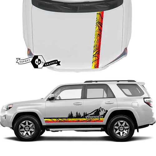 Pair 4Runner 2023 Side Door Hood Old School Sunset Vinyl Topographic Map Mountains Forest Decals stripe Stickers for Toyota 4Runner TRD 