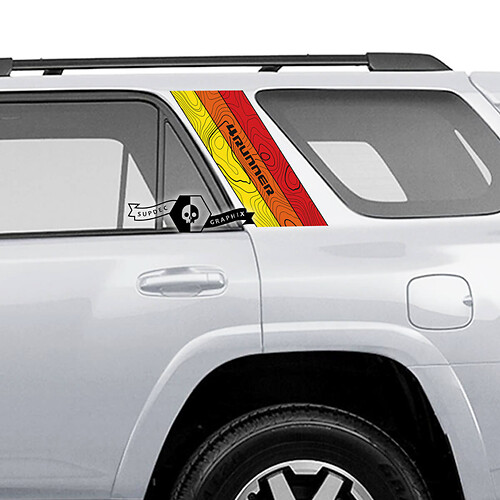 Pair 4Runner 2013 - 2023 Side Old School Topographic Map Topo SunSet TriColor Stripes Vinyl  Decals Stickers for Toyota 4Runner TRD