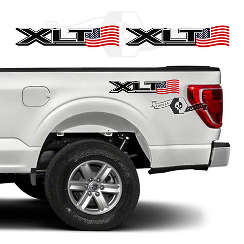Pair Ford F-150 XLT Color USA Flag Bed Logo Graphics Side Decal Sticker
