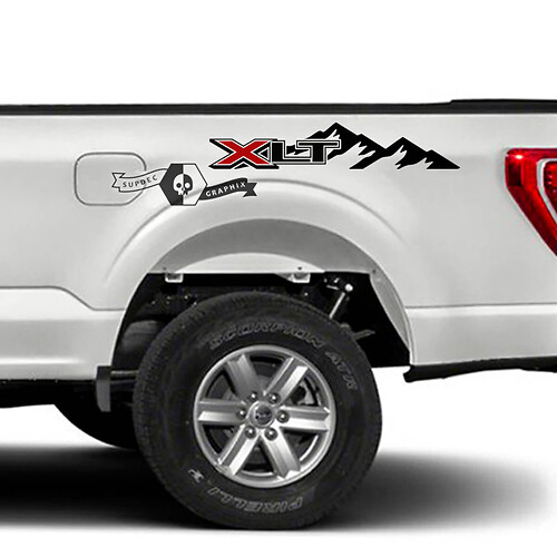 Pair Ford F-150 XLT USA Flag Bed Logo Mountains Fender Graphics Side Decal Sticker
