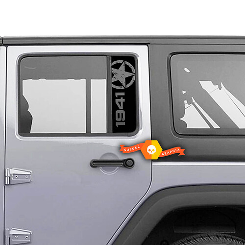 Pair Jeep 1941 Window Star Destroyed Gladiator Wrangler Doors Vinyl Stickers Decal