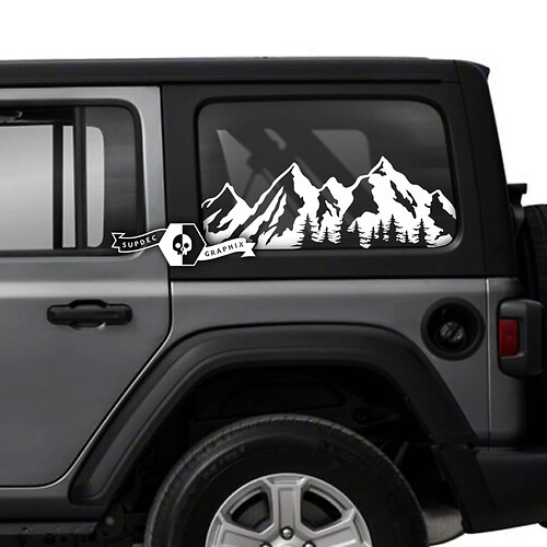 Pair of Jeep Wrangler Unlimited Side Door Window Mountains Forest Stickers Decals Trim Vinyl Graphics