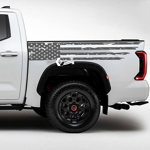 Pair Toyota Tundra Bed Side Rear Fender USA Flag Destroyed Grange Stripes Vinyl Stickers Decal