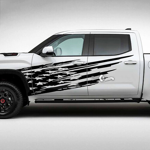 Pair Toyota Tundra Front Fender USA Flag Destroyed Grange Stripes Vinyl Stickers Decal
