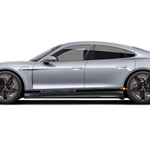 Porsche Taycan পাশের সাজানো স্ট্রাইপস PORSCHE লোগো সহ - কাস্টম ভাইনাইল গ্রাফিক্স স্টিকার
