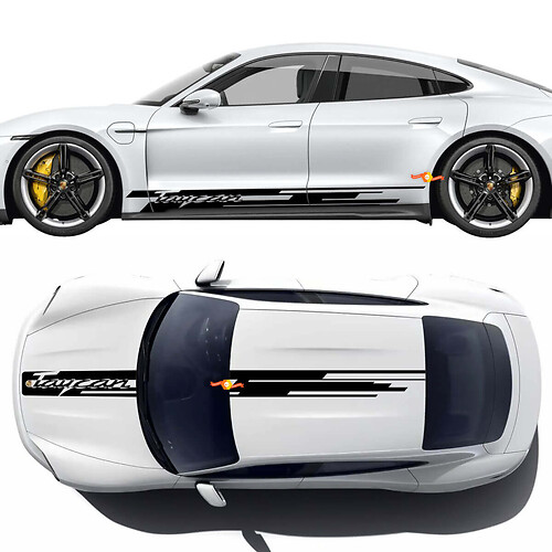 Porsche Taycan ພາບສູງ Hood Roof Kit Decorative Stripes with Taycan logo - Custom Vinyl Graphics Stickers
