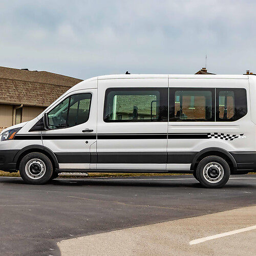 Ford Transit ଚେକର୍ଡ ଭିନିଲ୍ ସାଇଡ୍ ଷ୍ଟ୍ରାଇପ୍ ଡିକାଲ୍ ଷ୍ଟିକର୍‌ଗୁଡିକାରଣା ପ୍ରକାରରେ।
