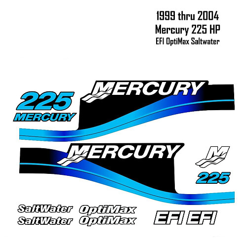 1999-2004 Mercury 225 HP Blue Stickers Decals EFI OptiMax Saltwater 15pc Repro Outboard Stickers Decals graphics