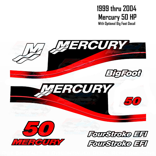 1999-2004 Mercury 50HP Red Stickers Decals Two & Four Stroke EFI BigFoot 11 pc Repro