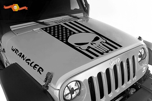 Jeep Wrangler Blackout Punisher American Flag 3 pc set vinyl hood Stickers Decals JK JKU