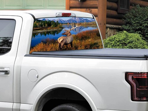 Deer mountains river US landscape nature Rear Window Decal Sticker Pick-up Truck SUV Car any size
