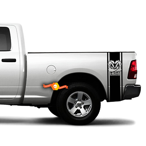 Dodge Ram HEMI Powered Muscle Rear Bed Vinyl Sticker Decal 2 Stripes Truck Graphics
