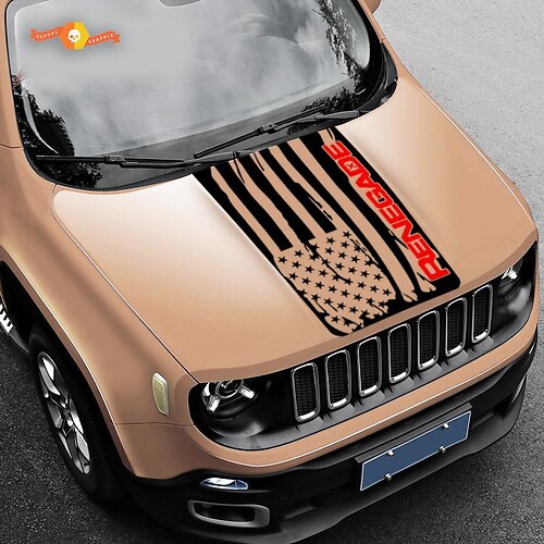 2 Color Hood Jeep Renegade Distressed American Flag Logo Graphic Vinyl Sticker Decal SUV
